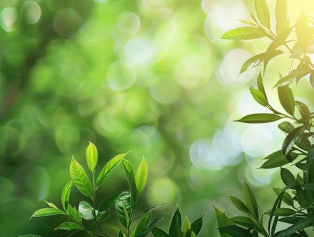 green leaves on blurred greenery background with bokeh and sunlightの素材