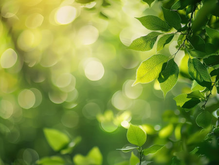 green leaves background in sunny day with bokeh and sun lightの素材