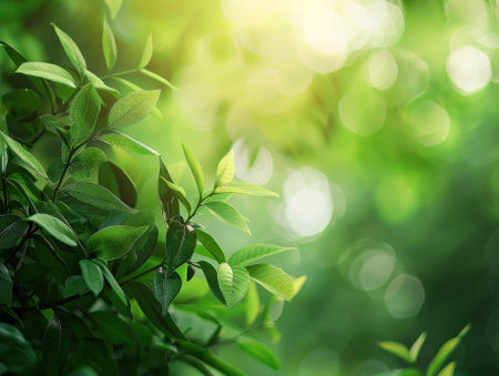 Fresh green leaves on blurred greenery background with bokeh effectの素材