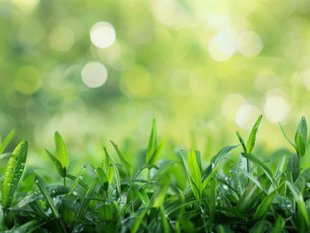 Green grass with dew drops on blurred nature background with copy spaceの素材