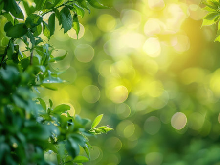 Green leaves with bokeh light in the morning. Natural background.の素材