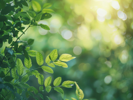 Green leaves background with bokeh and sunlight. Nature background.の素材