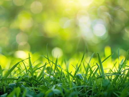 Green grass with bokeh light background, soft focus, spring natureの素材