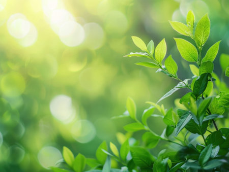 Green leaves on blurred greenery background with bokeh light effectの素材