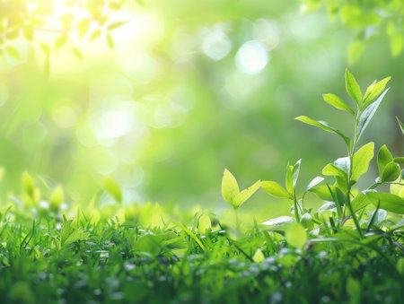 Fresh green leaves in the garden with sunlight and bokeh backgroundの素材