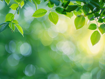 green leaves background in sunny day with bokeh and sun lightの素材