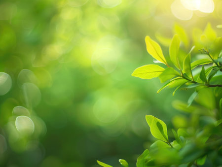 Green leaves on blurred greenery background with bokeh sunlight.の素材