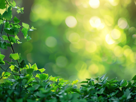 green leaves background in sunny day with bokeh effect and copy spaceの素材