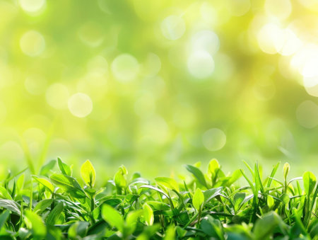 Green tea leaves with bokeh background. Natural green background.の素材