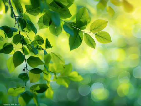 green leaves on the blurred background of the summer landscape with bokehの素材