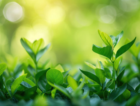 Close up nature view of green leaf on blurred greenery background under sunlight with bokeh and copy space using as background natural plants landscape, ecology wallpaper concept.の素材