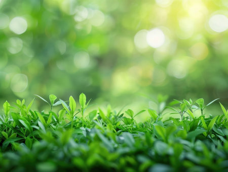 Close up of fresh green tea leaves on blurred greenery background.の素材