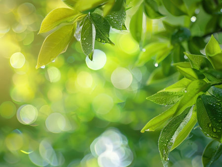 Green leaves with dew drops on blurred nature background with bokehの素材