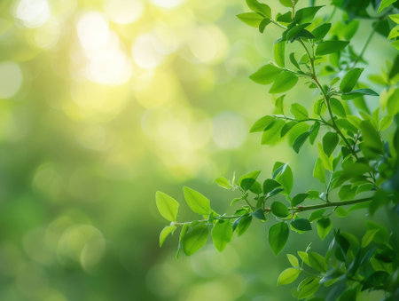 Green leaves on blurred greenery background with bokeh effect.の素材