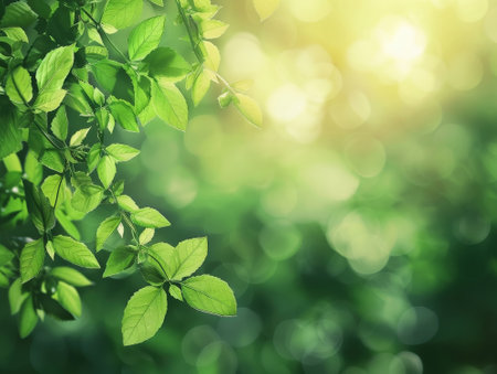 Fresh green leaves on blurred greenery background with bokeh effectの素材