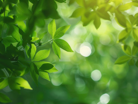 Fresh green leaves on blurred greenery background with bokeh effectの素材