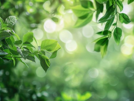 Close up of green leaves on blurred greenery background with bokehの素材