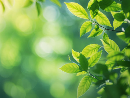 Fresh green leaves on blurred greenery background with bokeh.の素材