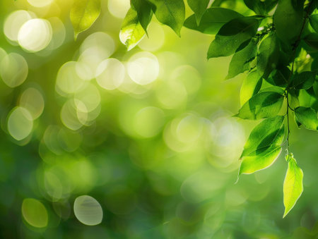 green leaves on blurred greenery background with bokeh and sunlightの素材