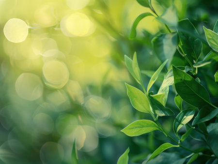 Closeup of nature view of green leaf on blurred greenery background under sunlight with bokeh and copy space using as background natural plants landscape, ecology wallpaper concept.の素材