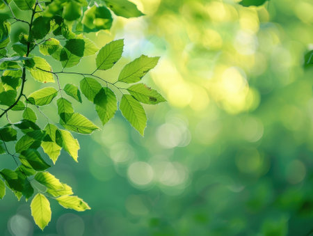 green leaves background in sunny day with bokeh and sunbeamsの素材