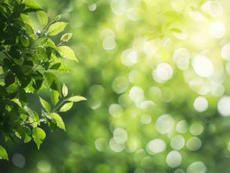 green leaves on blurred background with bokeh effect, nature backgroundの素材
