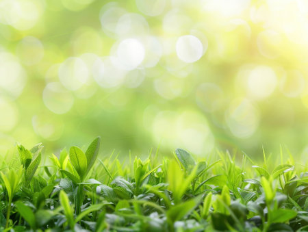 Close up of fresh green tea leaves with bokeh light backgroundの素材