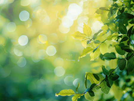 Green leaves on blurred background with bokeh effect, nature backgroundの素材