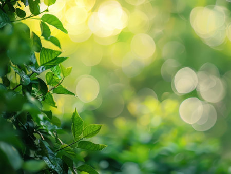 Green leaves with bokeh background, nature and environment concept.の素材