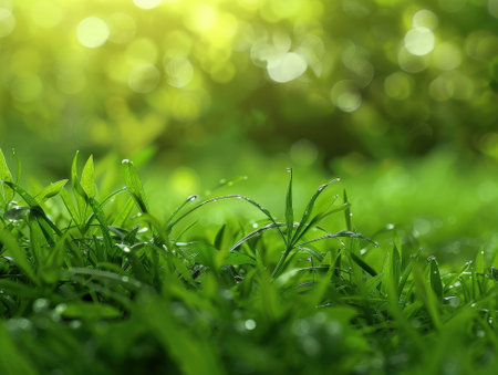 Fresh green grass with dew drops and bokeh background.の素材