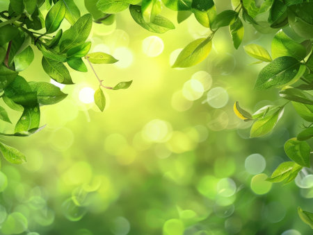 Fresh green leaves with bokeh effect on blurred nature background.の素材