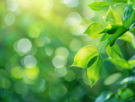 Close up of nature view green leaf on blurred greenery background under sunlight with bokeh and copy space using as background natural plants landscape, ecology wallpaper concept.の素材