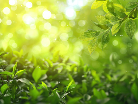 Fresh green leaves with bokeh background. Spring and summer conceptの素材