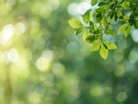 green leaves on blurred greenery background with bokeh, copy spaceの素材