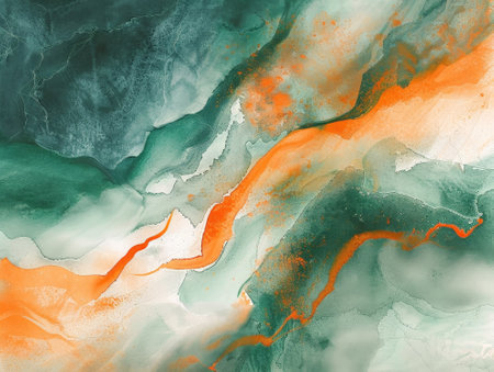 Abstract hand painted background in green, orange and turquoise colorsの素材