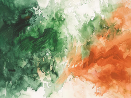 abstract watercolor background with green, orange and black spots on itの素材