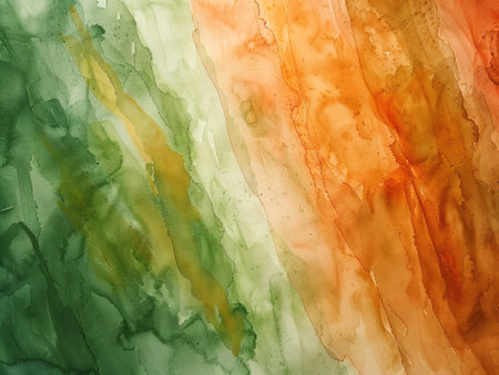 Abstract hand painted watercolor background. Green, yellow and orange colors.の素材