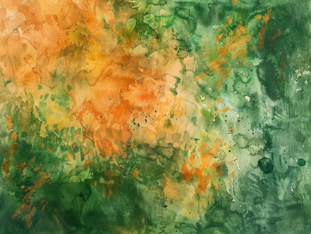 abstract background, watercolours painted on canvas, green and orangeの素材