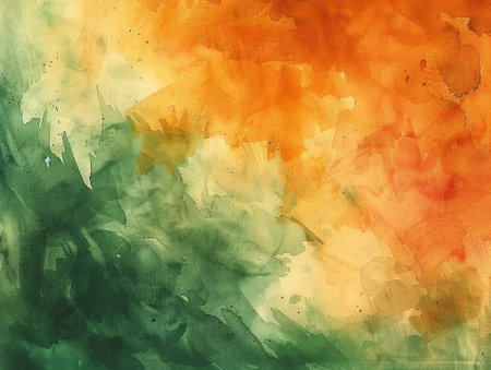 Abstract watercolor painted background with green, orange and yellow colors.の素材