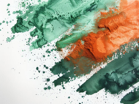 Abstract background with green, orange and brown paint splashes on white paperの素材