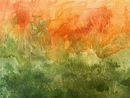 Abstract watercolor painted background. Grunge paper texture. Orange and green colors.の素材