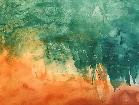 Grunge background with green, orange and yellow watercolor strokes.の素材