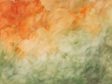 Abstract watercolor painted background. Orange, green and yellow colors.の素材