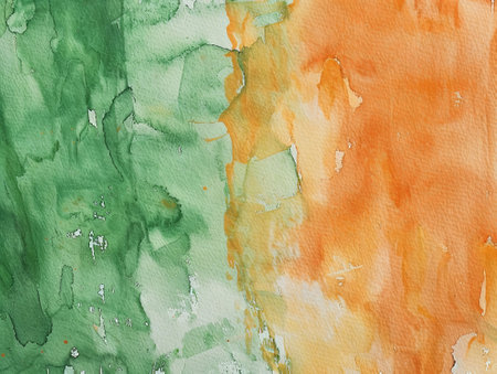 abstract background watercolours painting on paper with green, orange and yellow colorsの素材