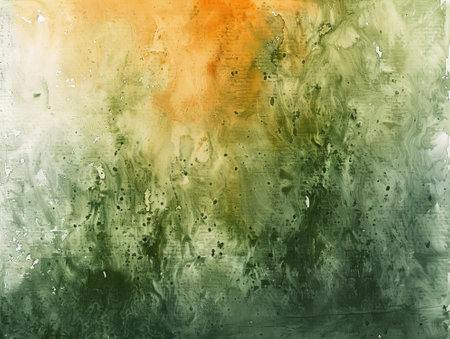 Abstract watercolor painted background. Green, orange and yellow colors.の素材