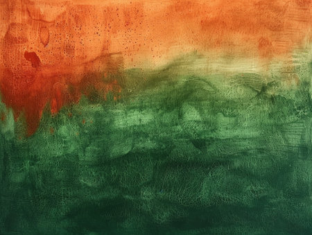 Green and orange watercolor painted on canvas. Abstract art background.の素材