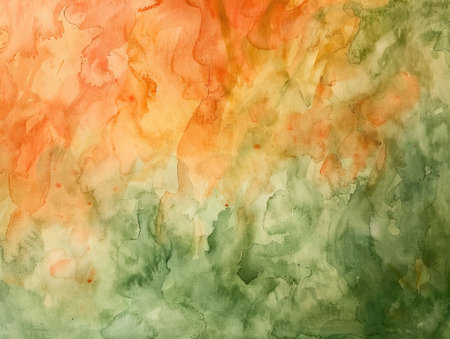 Abstract watercolor painted background with green, yellow and orange colors.の素材