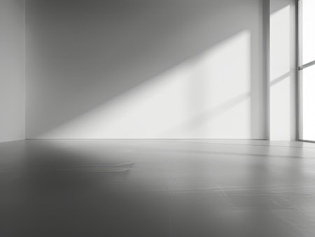 3d rendering of empty room with white walls and floor and sunlight from windowの素材