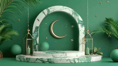 Crescent moon and marble podium on green background. 3d renderingの素材