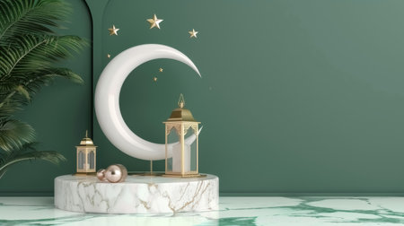 Ramadan Kareem background with crescent moon and lanterns 3d renderingの素材